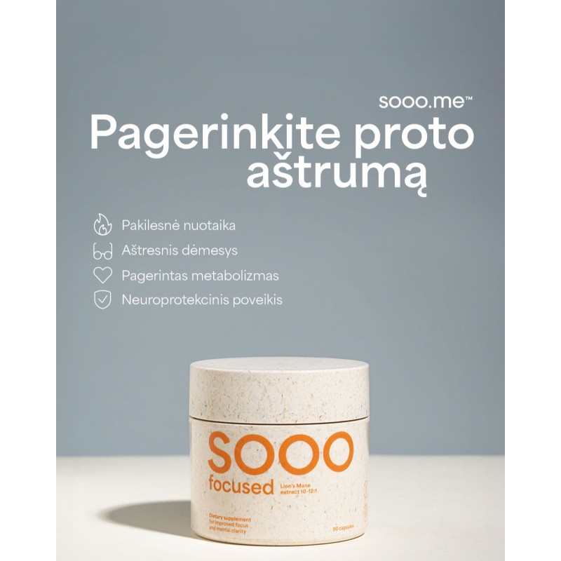 SOOO focused: lauvas krēpes (Lion’s Mane) ekstrakts 10–12:1, 90 kapsulas