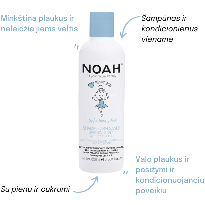 Kids 2in1 Shampoo & Conditioner Šampūns un kondicionieris ar pienu un cukuru bērniem, 250 ml