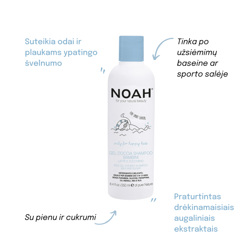 Kids Gel Shower Shampoo Dušas želeja un šampūns ar pienu un cukuru bērniem, 250 ml